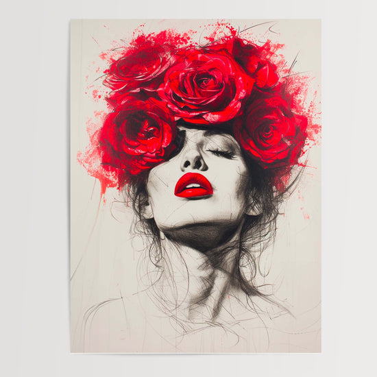 Poster Femme aux roses rouges - Portrait romantique et sensuel — Vierge - poster-presentation-produit
