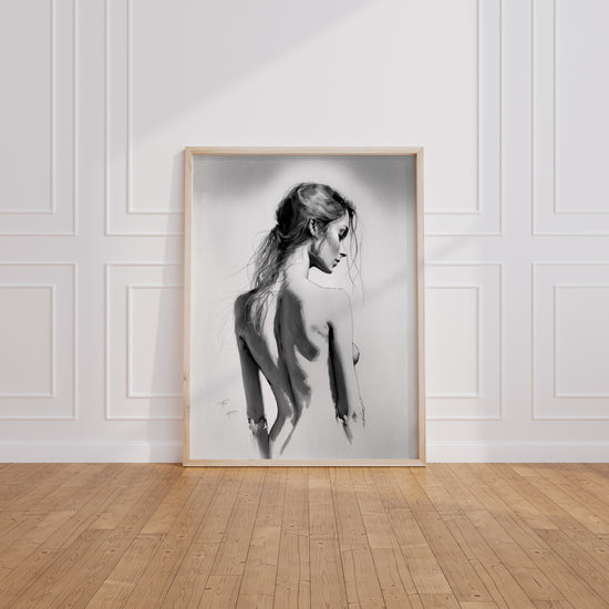 Poster Femme de dos - Nu épuré au crayon et fusain — Vierge - living-room