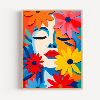 Floral Woman Poster — Face Surrounded by Vibrant Flowers