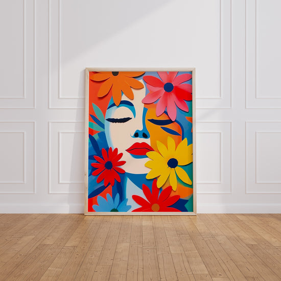 Poster Femme fleurie - Un visage entouré de fleurs éclatantes — Vierge - living-room