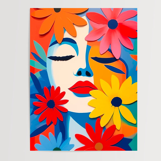 Poster Femme fleurie - Un visage entouré de fleurs éclatantes — Vierge - poster-presentation-produit