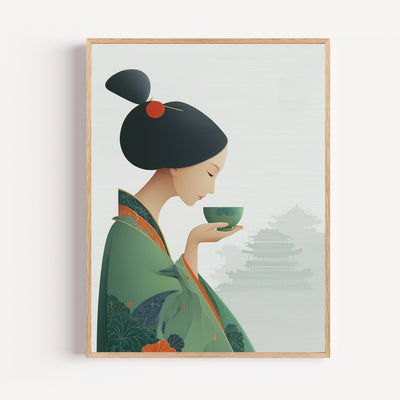 Poster: Japanische Frau im Kimono – Teezeremonie, zen-inspirierte Wanddeko