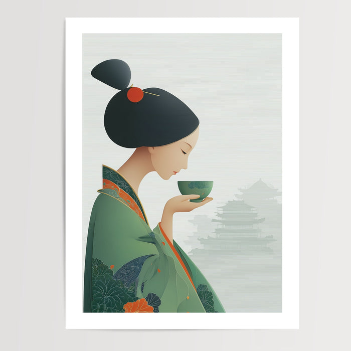 Poster Femme japonaise en kimono - Douceur d'un rituel de thé — Vierge - poster-presentation-produit — passe-partout blanc
