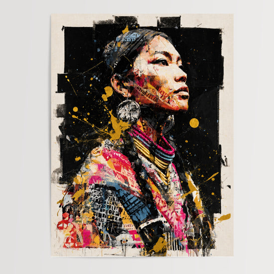 Poster Femme Kayan - Fierté ethnique en street art doré et urbain — Vierge - poster-presentation-produit