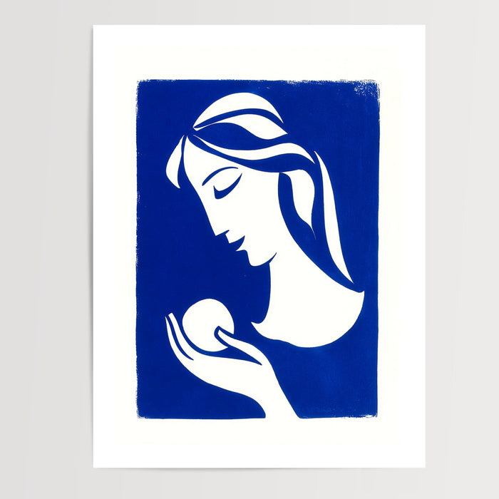 Poster Femme à la sphère - Silhouette bleu Matisse pleine de douceur — Vierge - poster-presentation-produit — passe-partout blanc