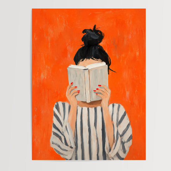 Poster femme lisant livre fond orange vif pour décoration entrée couloir art moderne
