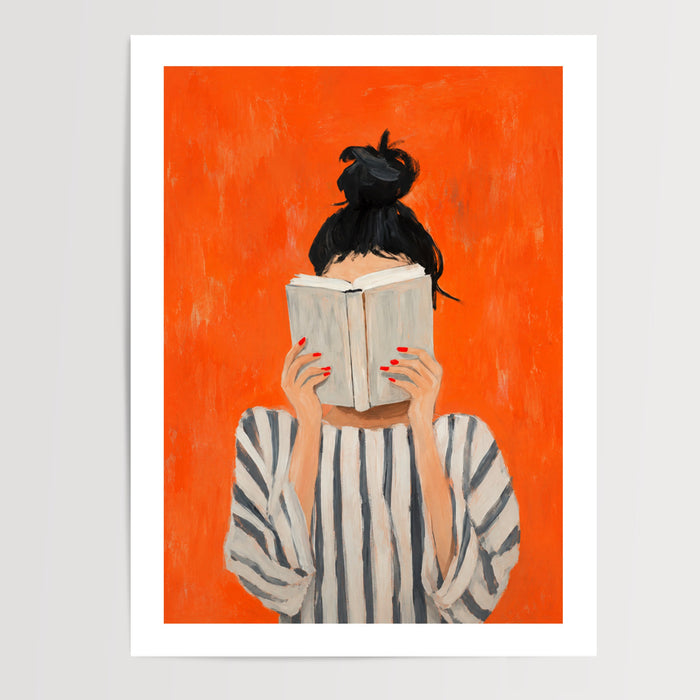 Poster femme lisant livre fond orange vif pour décoration entrée couloir art moderne — passe-partout blanc