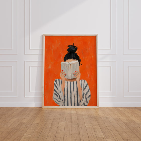 Poster femme lisant livre fond orange vif décoration salon moderne art contemporain
