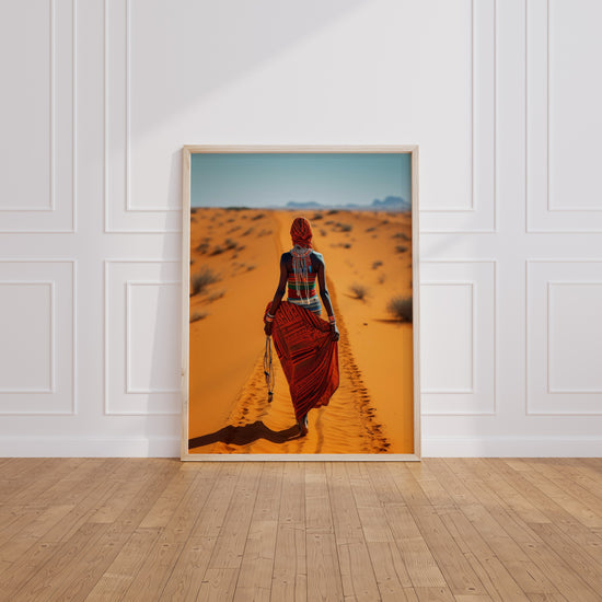 Poster Femme Nguni - Perles vives sur les dunes du désert — Vierge - living-room
