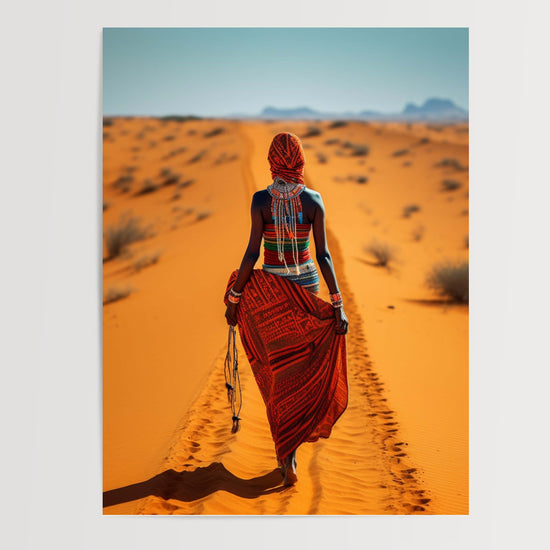 Poster Femme Nguni - Perles vives sur les dunes du désert — Vierge - poster-presentation-produit