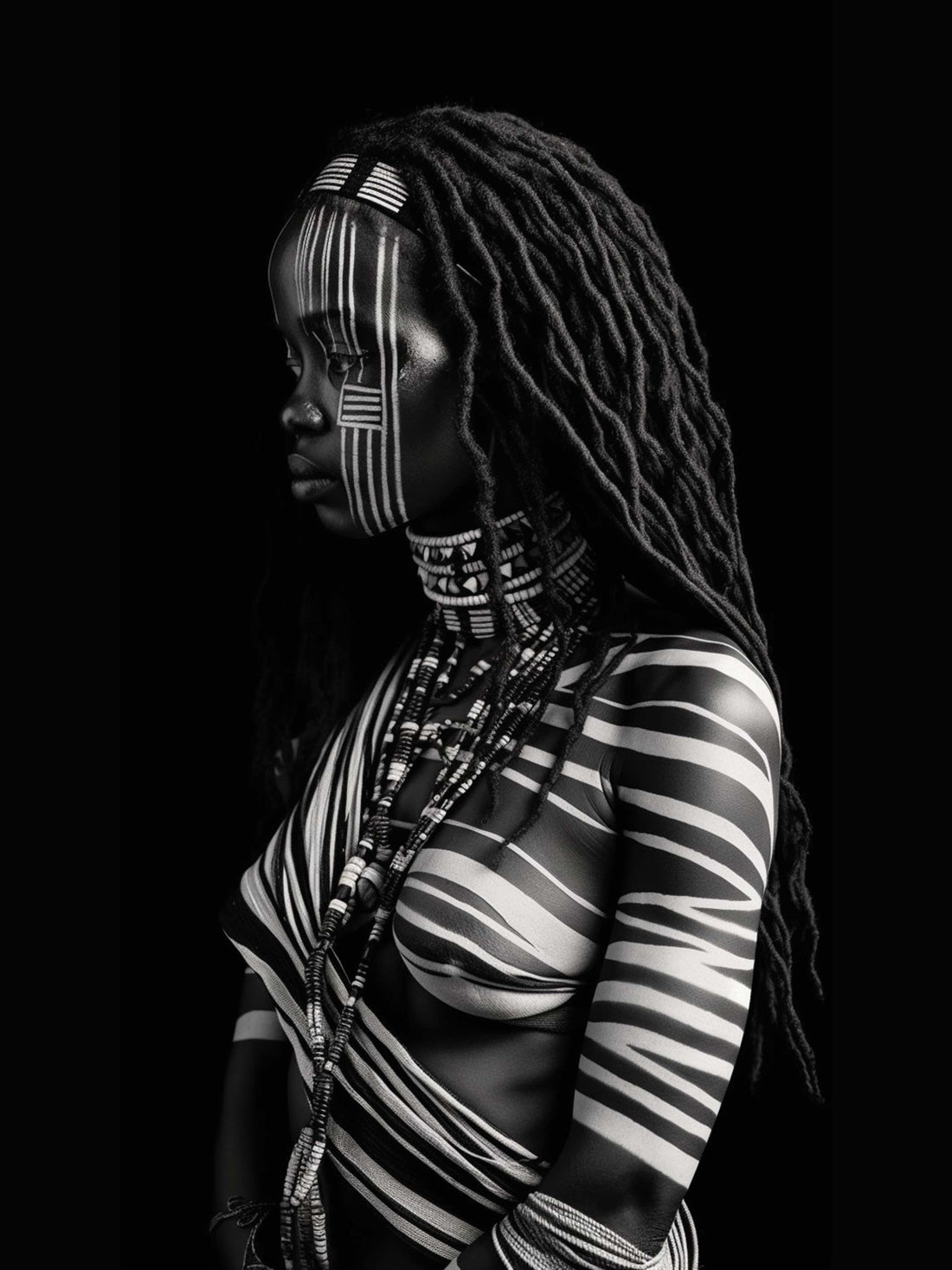 Poster Femme noire - Portrait tribal en noir et blanc