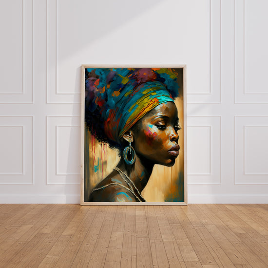 Poster Femme surinamaise - Profil altier au turban coloré — Vierge - living-room