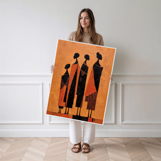 Poster Femmes africaines en procession - Dignité et transmission sur fond orange — Vierge - poster-femme-debout