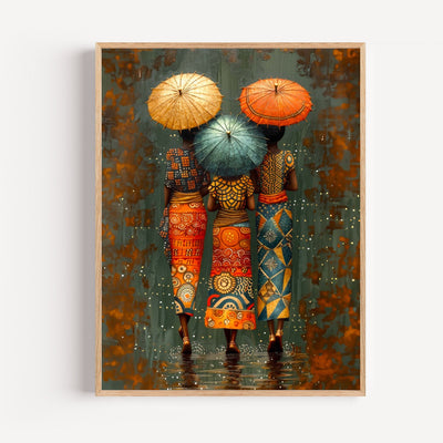Lámina mujeres africanas: tres siluetas bajo la lluvia multicolor
