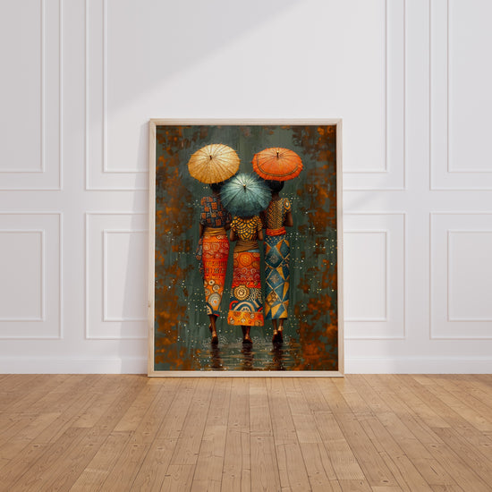 Poster Femmes africaines - Trois silhouettes sous la pluie multicolore — Vierge - living-room