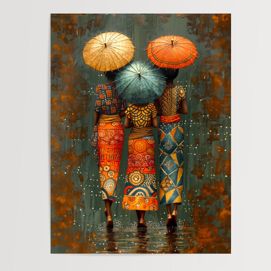 Poster Femmes africaines - Trois silhouettes sous la pluie multicolore — Vierge - poster-presentation-produit