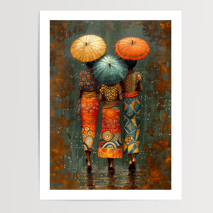 Poster Femmes africaines - Trois silhouettes sous la pluie multicolore — Vierge - poster-presentation-produit — passe-partout blanc