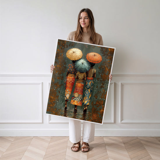 Poster Femmes africaines - Trois silhouettes sous la pluie multicolore — Vierge - poster-femme-debout