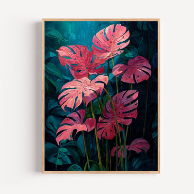Botanisches Monstera Wandbild in Pink auf blaugrünem Hintergrund