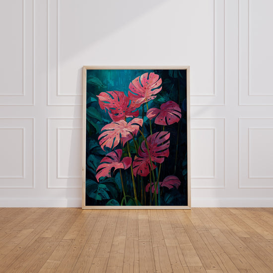 Poster Feuilles de monstera - Rose tropical sur fond profond — Vierge - living-room