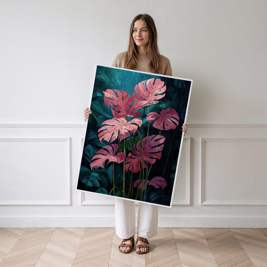 Poster Feuilles de monstera - Rose tropical sur fond profond — Vierge - poster-femme-debout