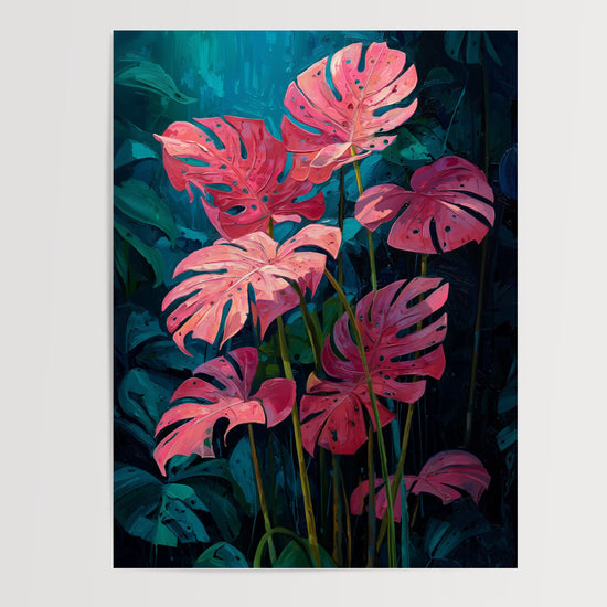 Poster Feuilles de monstera - Rose tropical sur fond profond — Vierge - poster-presentation-produit