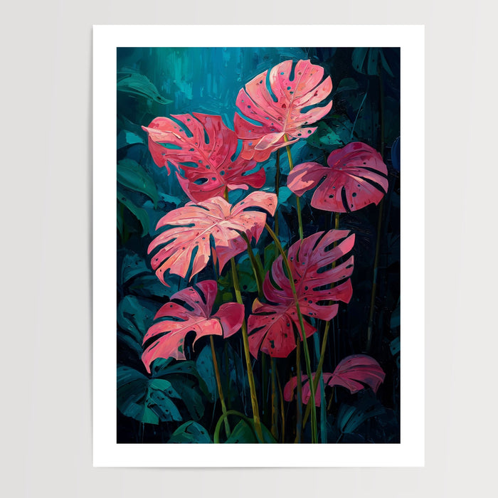 Poster Feuilles de monstera - Rose tropical sur fond profond — Vierge - poster-presentation-produit — passe-partout blanc