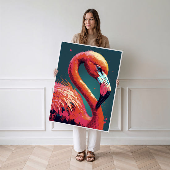 Poster Flamant rose - Éclat pop art et couleurs d'été — Vierge - poster-femme-debout