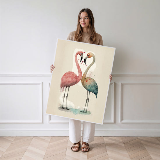 Poster Flamants roses - Deux cous qui dessinent un cœur — Vierge - poster-femme-debout