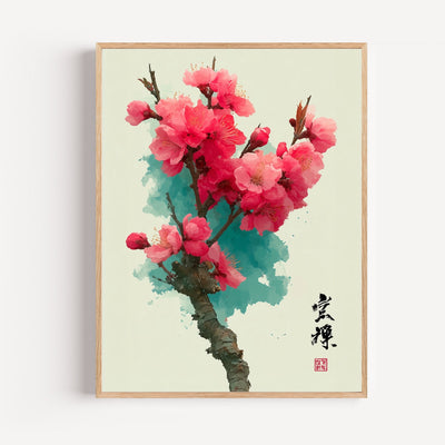 Poster Fleur de pêcher - Branche rose sur aquarelle turquoise