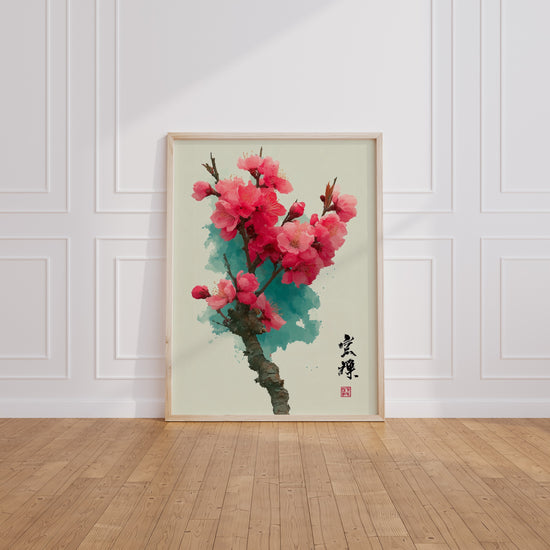 Poster Fleur de pêcher - Branche rose sur aquarelle turquoise — Vierge - living-room