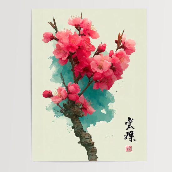 Poster Fleur de pêcher - Branche rose sur aquarelle turquoise — Vierge - poster-presentation-produit
