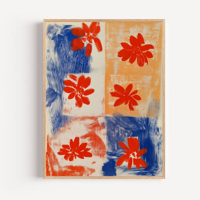 Poster abstracte bloemen – blauw en oranje, energiek duo