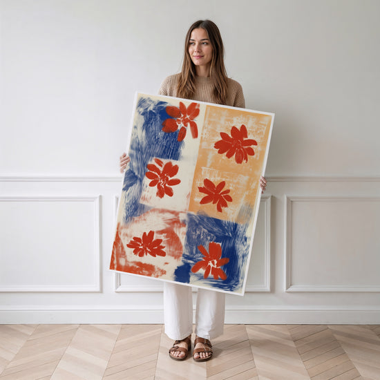 Poster Fleurs abstraites - Duo bleu et orange plein d'énergie — Vierge - poster-femme-debout