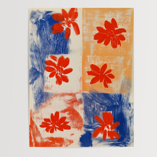 Poster Fleurs abstraites - Duo bleu et orange plein d'énergie — Vierge - poster-presentation-produit