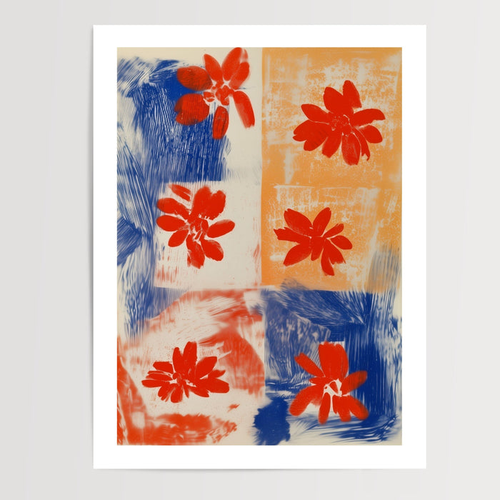 Poster Fleurs abstraites - Duo bleu et orange plein d'énergie — Vierge - poster-presentation-produit — passe-partout blanc