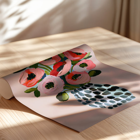 Blumen Poster Koralle & Rot – Fröhlicher Blumenstrauß — aufgerolltes Poster