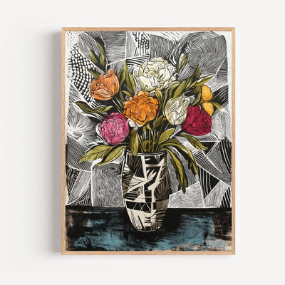 Póster de flores contemporáneas — colores vivos sobre blanco y negro