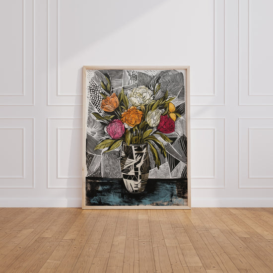 Poster Fleurs contemporaines - Couleurs vives sur graphisme noir et blanc — Vierge - living-room