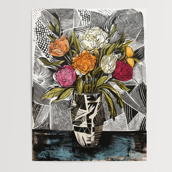 Poster Fleurs contemporaines - Couleurs vives sur graphisme noir et blanc — Vierge - poster-presentation-produit