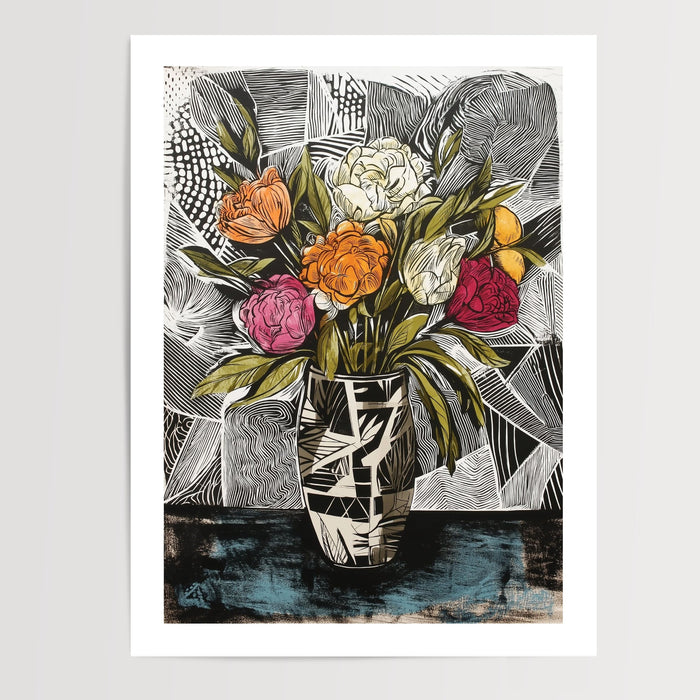 Poster Fleurs contemporaines - Couleurs vives sur graphisme noir et blanc — Vierge - poster-presentation-produit — passe-partout blanc