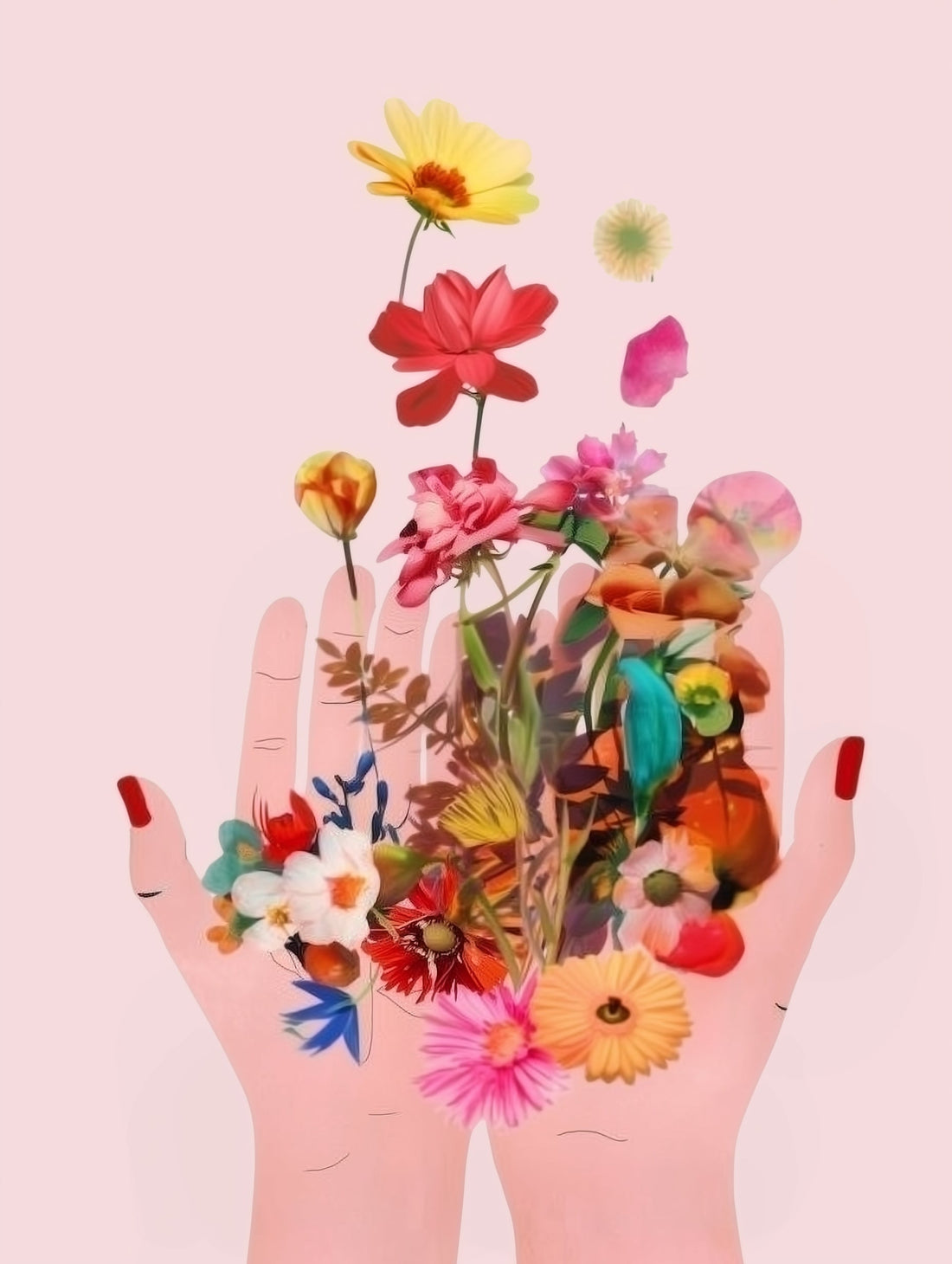 Poster Fleurs - Deux mains qui libèrent un envol coloré