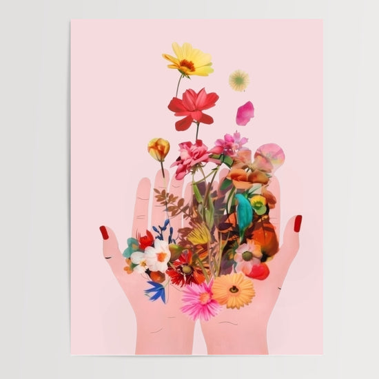 Poster Fleurs - Deux mains qui libèrent un envol coloré — Vierge - poster-presentation-produit