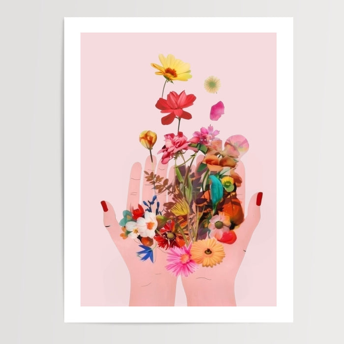 Poster Fleurs - Deux mains qui libèrent un envol coloré — Vierge - poster-presentation-produit — passe-partout blanc