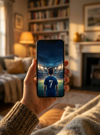 Aperçu du poster de foot personnalisé sur un téléphone : l'enfant en joueur dans un stade illuminé