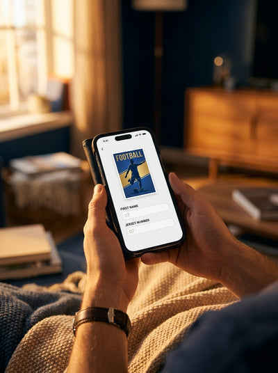 Étape de personnalisation d'un poster de foot : choix du prénom et du numéro sur un téléphone