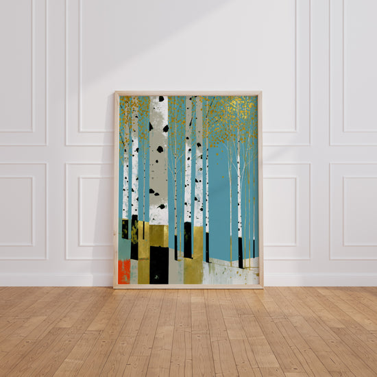 Poster Forêt de bouleaux - Douce lumière dorée d'un après-midi d'automne — Vierge - living-room