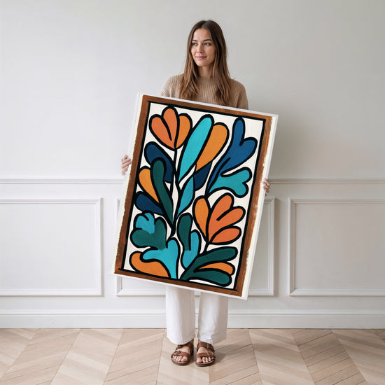 Poster Formes organiques - L'énergie joyeuse de l'orange et du bleu — Vierge - poster-femme-debout