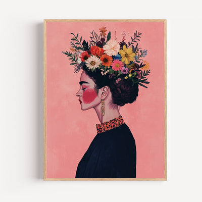 Frida Kahlo Poster – Blumenkranz auf rosa Hintergrund