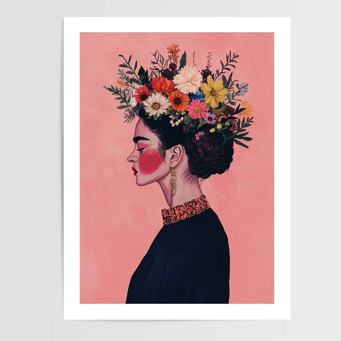 Poster Frida Kahlo - Fleurs sauvages et douceur rose — Vierge - poster-presentation-produit — passe-partout blanc